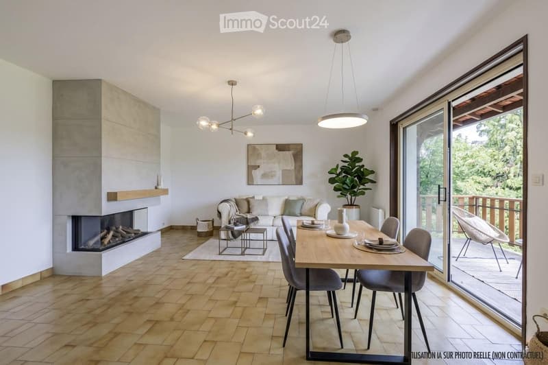 Modern living and dining area with a fireplace, large windows, a sofa, a dining table, and a pendant light.