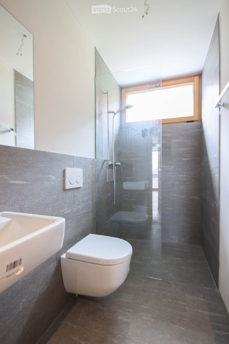 Modern bathroom with a toilet, sink, glass-enclosed shower, and a large mirror. The walls are tiled in grey and white, and the floor is made of dark grey tiles.