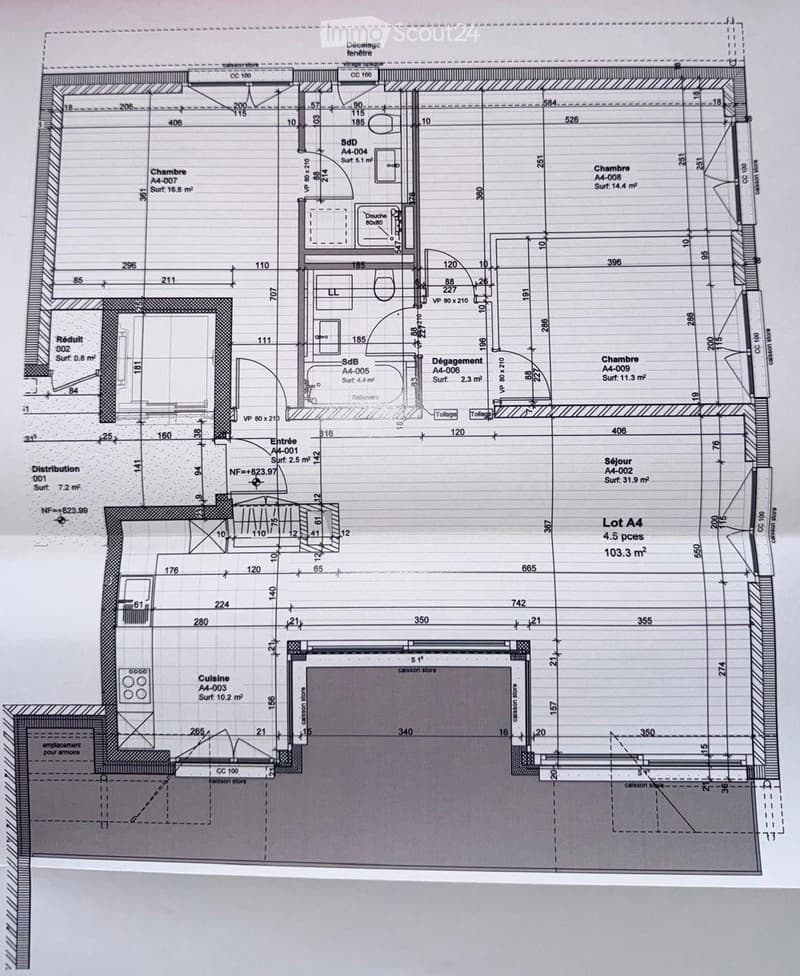 Floor plan of a residential unit labeled Lot A4, featuring five rooms including a living room, kitchen, three bedrooms, and a bathroom. Dimensions and surface areas are indicated for each space.