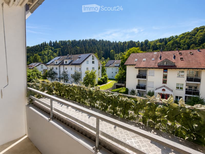 Balcony with metal railing, lush green plants, overlooking a residential area with houses, trees, and a clear blue sky.