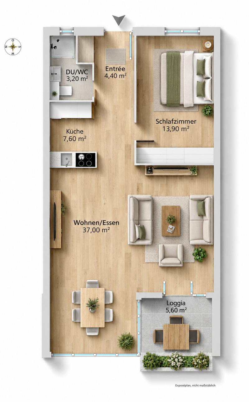 Floor plan of a modern apartment with a bedroom, living/dining area, kitchen, bathroom, entrance, and loggia.