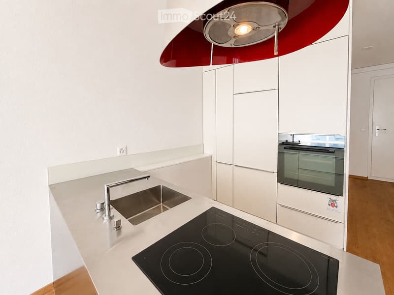 Modern kitchen with white cabinets, a stainless steel sink, a black induction cooktop, and a built-in oven. Features a sleek, minimalist design with a hanging light fixture above the counter.