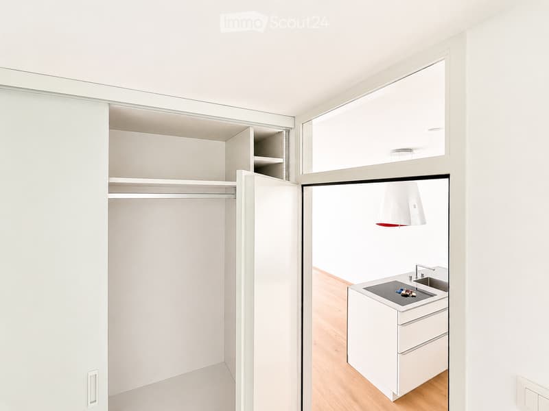 Modern, minimalist kitchen with white cabinets, a sink, and a pendant light. The space features light wooden flooring and a sleek, contemporary design.