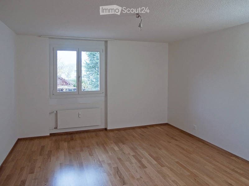 Empty room with wooden flooring, white walls, a window with a view of trees, and a radiator below the window.