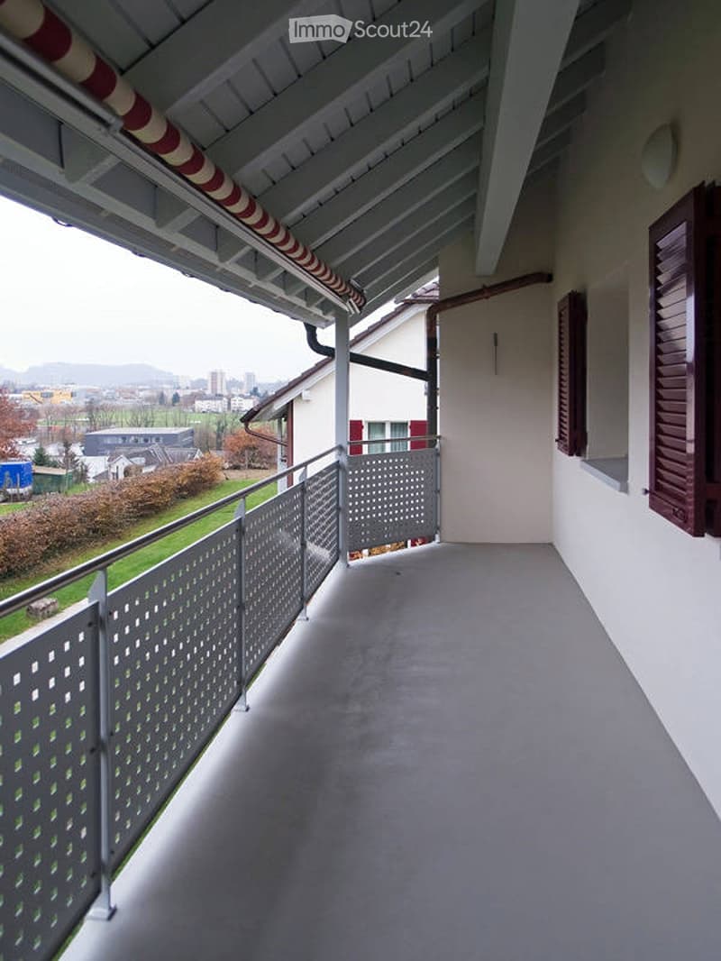 Balcony with metal railing, grey floor, and a view of the city and surrounding landscape.