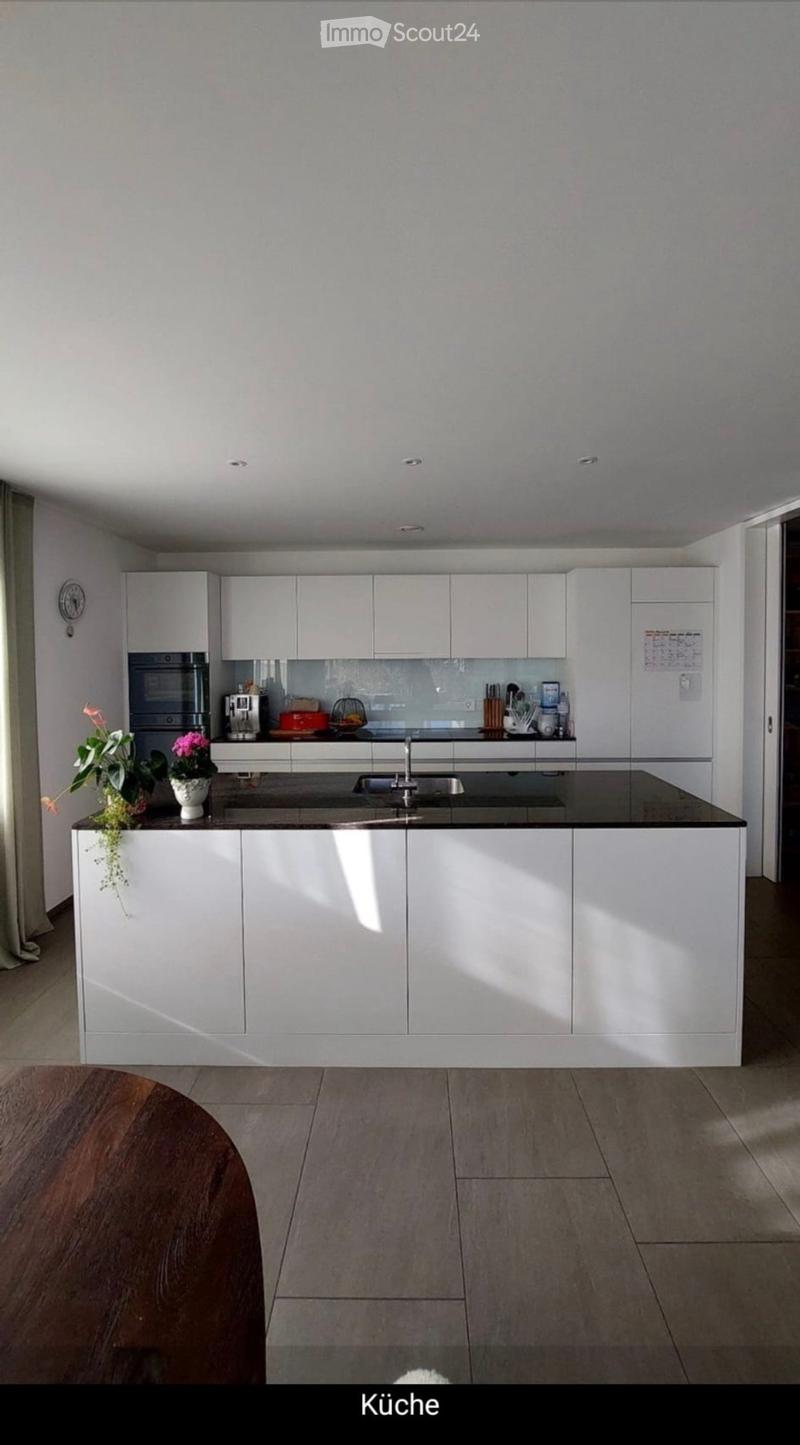 Modern kitchen with white cabinets, a central island, and a black countertop. Features include a sink, faucet, oven, coffee maker, and decorative flower pots on the island.
