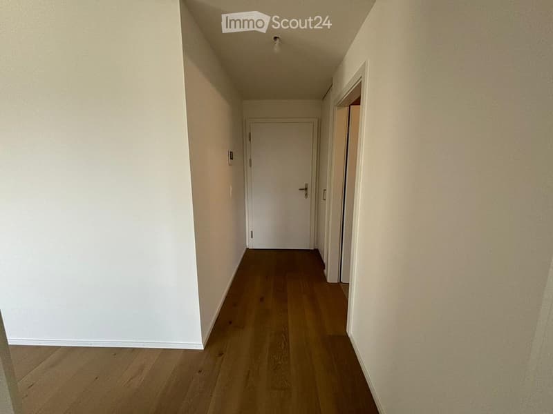 Empty hallway with wooden flooring and white walls, featuring a closed door at the end and a light fixture on the ceiling.