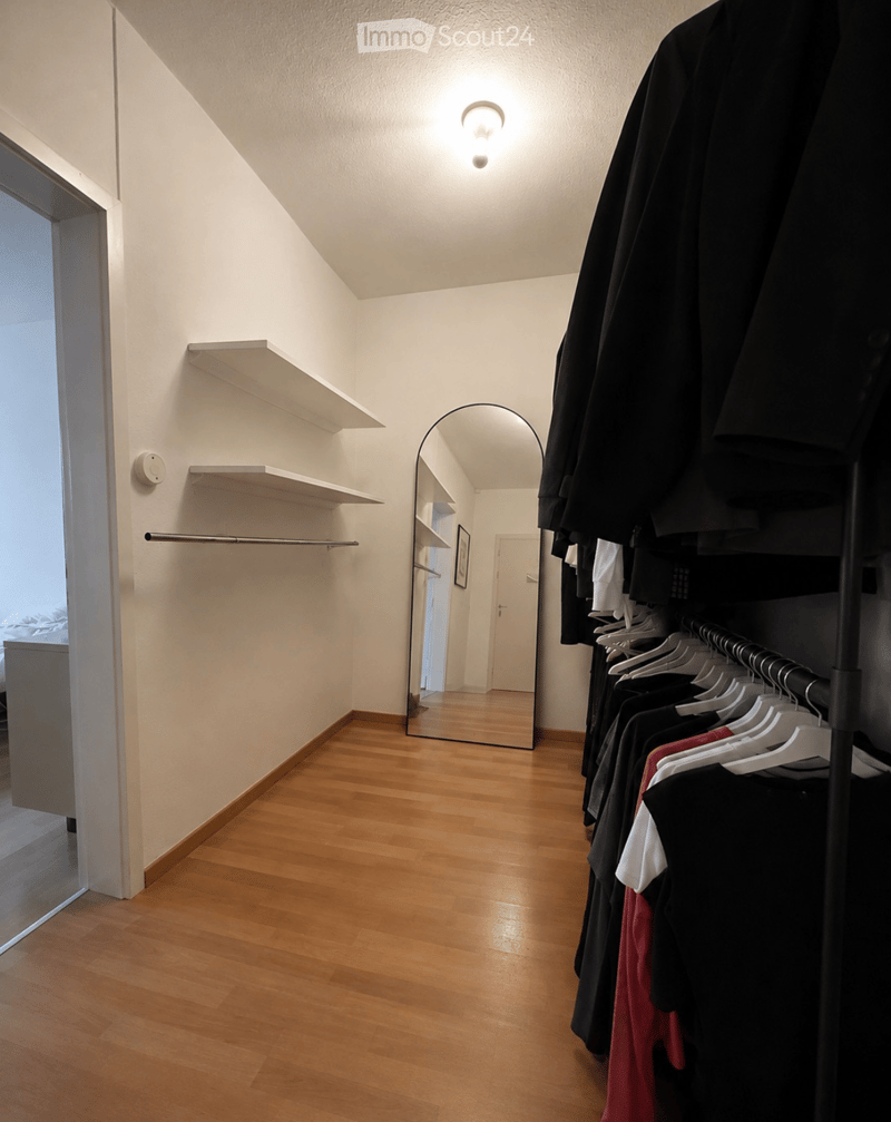 A narrow hallway with wooden flooring, white walls, built-in shelves, and a clothing rack with hanging garments. A mirror and a door are visible at the end of the hallway.