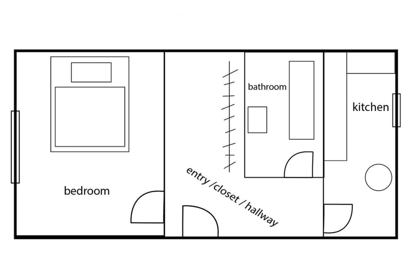 Layout includes a bedroom, bathroom, kitchen, and an entry/closet/hallway area.