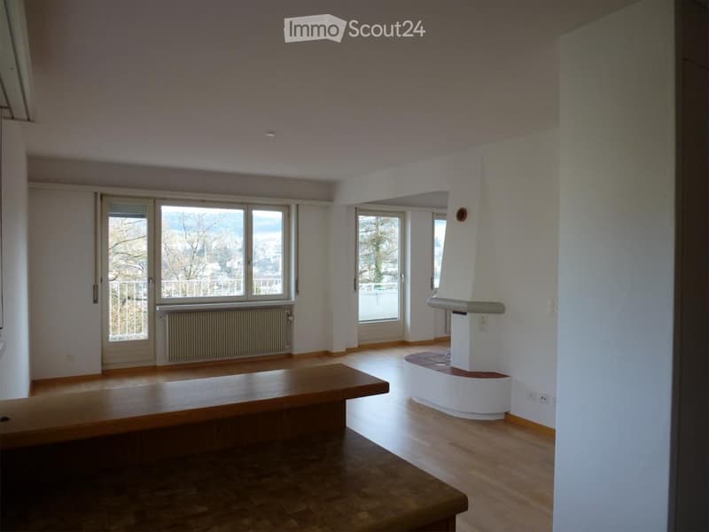 Empty room with wooden flooring, large windows offering a scenic view, and a radiator under one window.