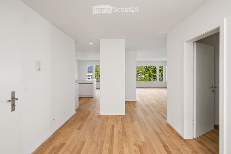 Empty hallway with light wooden flooring, white walls, and recessed lighting. Doors lead to adjacent rooms, one with a visible kitchen area and another with large windows and a balcony view.