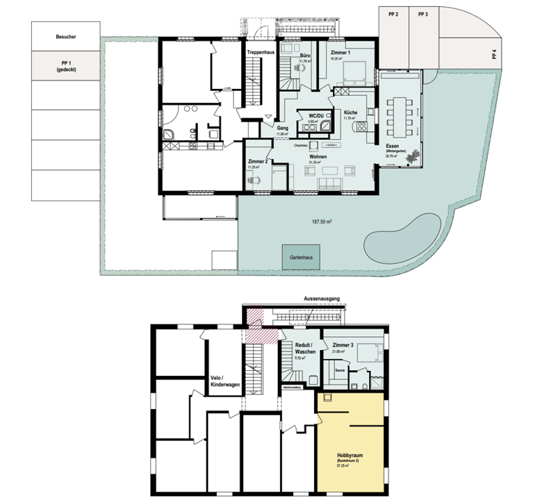 Floor plan of a multi-level house with rooms labeled in German, including a garden house, kitchen, living area, bedrooms, and a hobby room.