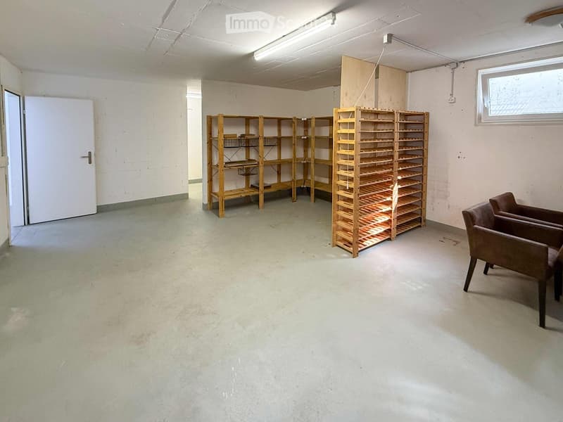A room with a concrete floor, white walls, and a large window. It contains two wooden shelves and two brown chairs.