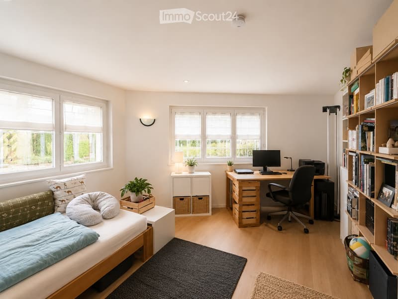 A cozy multifunctional room with a daybed, desk, bookshelf, and storage units. Features large windows, wooden flooring, and modern decor.