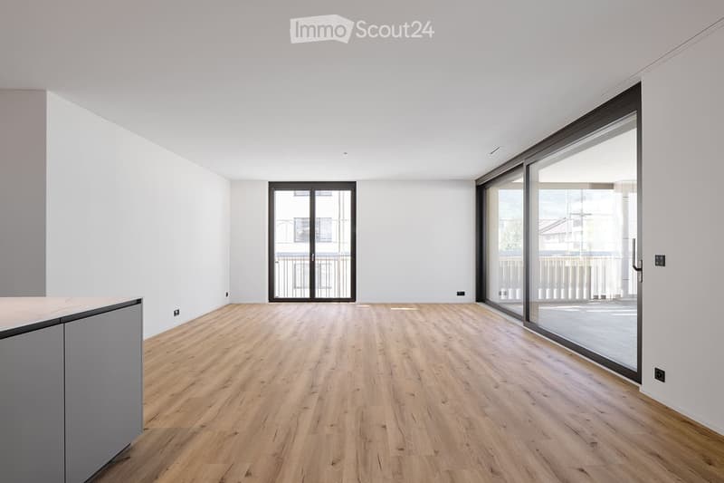 Empty room with light wooden flooring, white walls, and large glass sliding doors leading to a balcony.