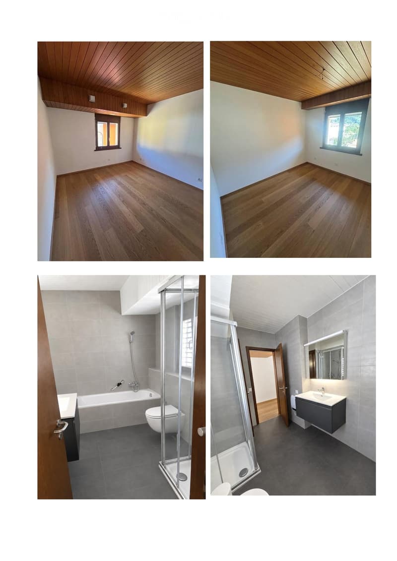 Modern bathrooms with grey tiles, glass shower stalls, and wooden accents. One features a bathtub and toilet, while the other has a sink and mirror.