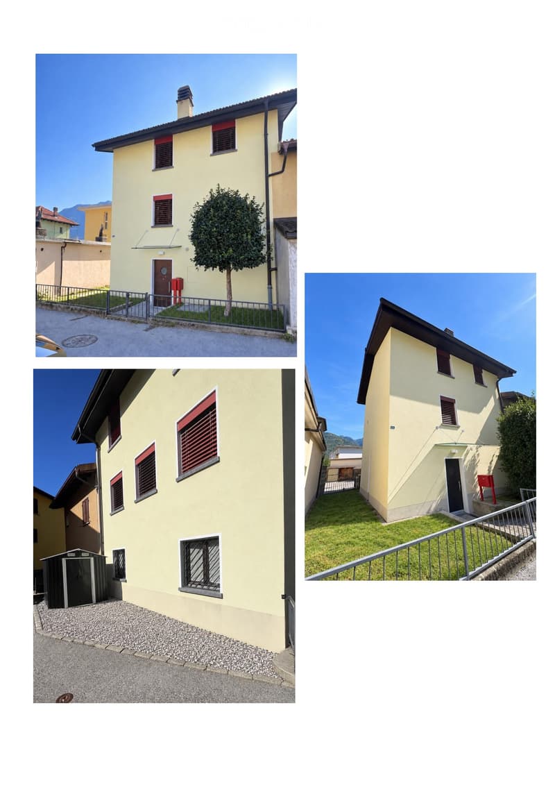 Four images of a two-story yellow house with red shutters, a chimney, and a small garden area. The house features a fenced yard, a small shed, and a mailbox.