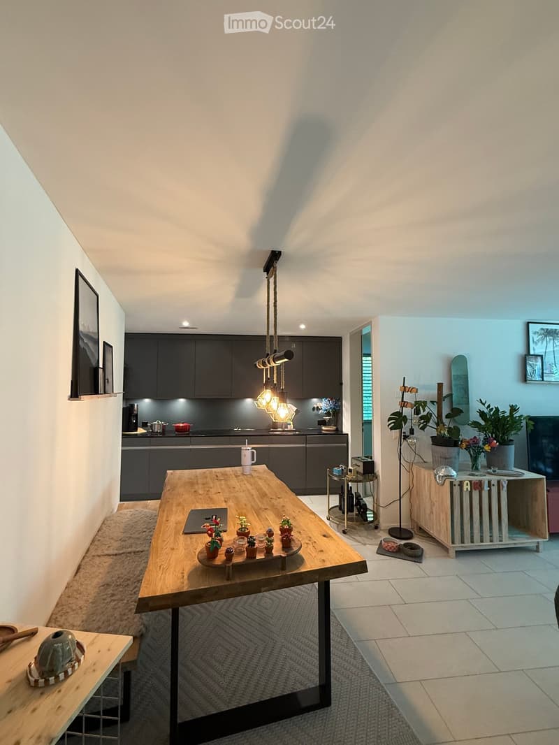 A modern, open-plan kitchen and dining area with dark grey cabinets, a wooden dining table, and various decorative items including potted plants, a skateboard, and a floor lamp.