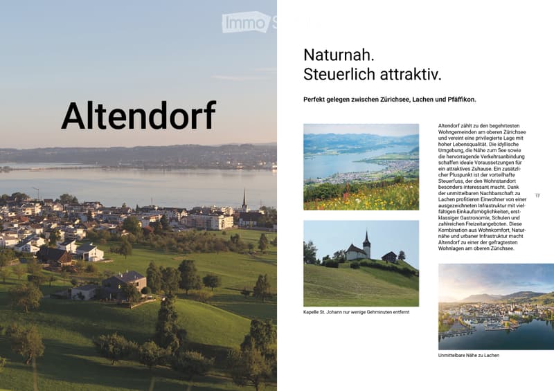 A promotional image for Altendorf, Switzerland, showcasing a scenic town view with houses, green fields, and a lake in the background.