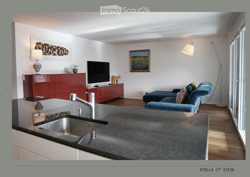 Modern living room with a blue sofa, red cabinet, television, and a kitchen area featuring a sink and faucet.
