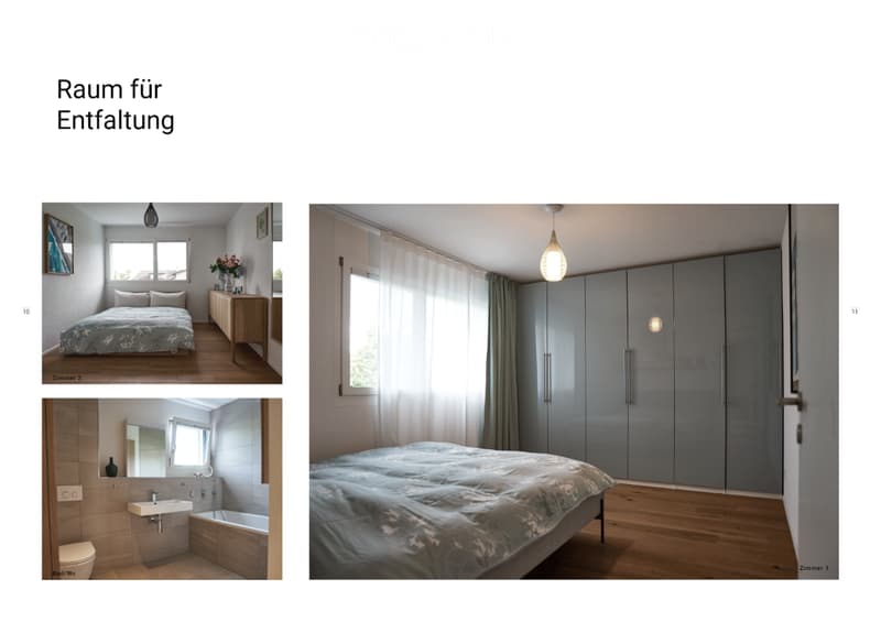 Four images show a furnished bedroom with a bed, nightstand, mirror, sink, bathtub, wardrobe, and pendant light. The room features wooden flooring and large windows with curtains.