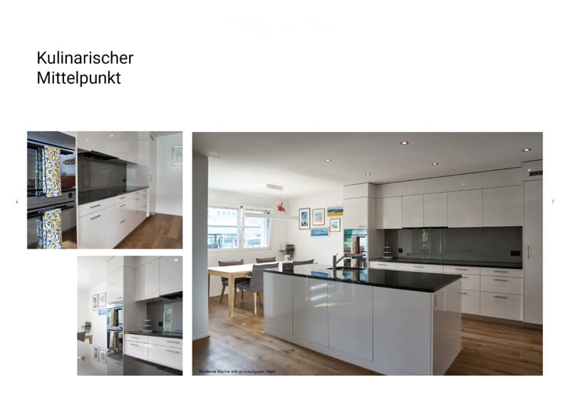 Modern kitchen with white cabinetry, black countertop, large window with city view, dining area with table and chairs.