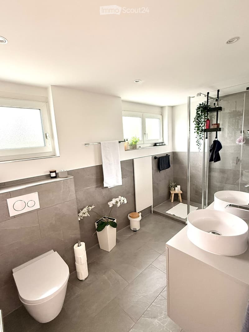 Modern bathroom with a toilet, sink, mirror, and shower. Features include a towel rack, flower pot, and small stool.