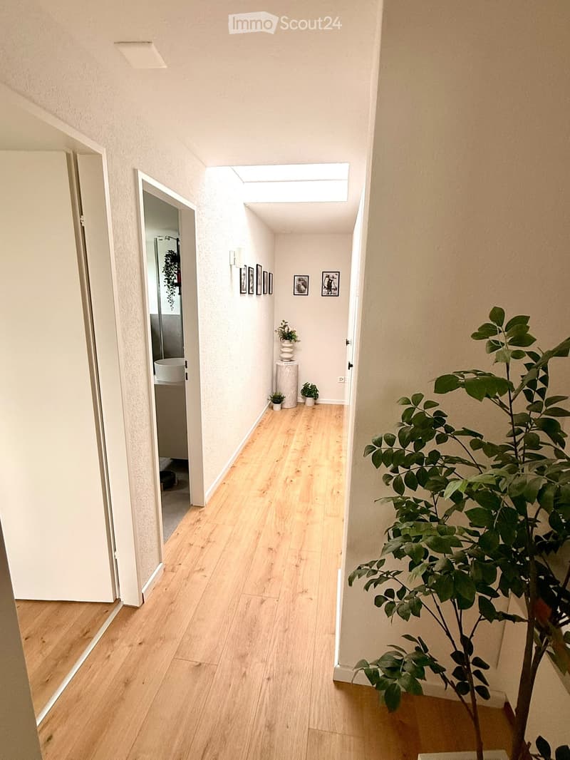 Bright hallway with wooden flooring, white walls, and a skylight at the top. Features framed pictures on the walls, small potted plants, and a large leafy plant on the right side.