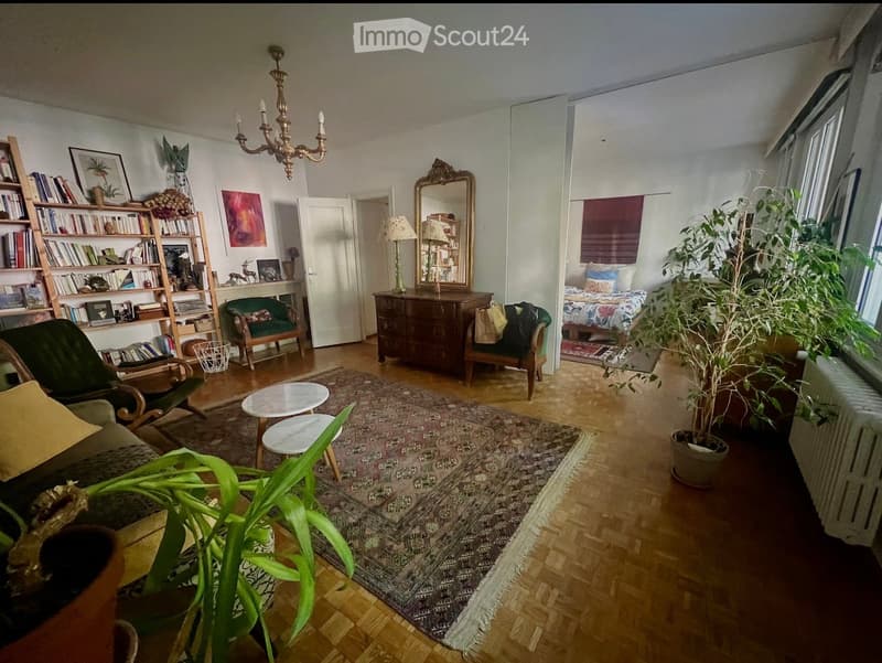 A spacious living room with wooden flooring, a large patterned rug, a green sofa, a small round table, a bookshelf filled with books, a mirror, a chandelier, and a visible bedroom area with a bed.
