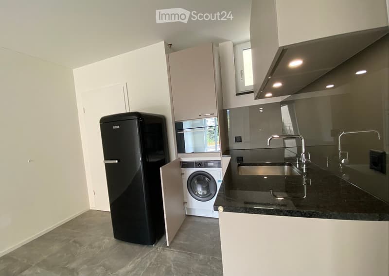 Modern kitchen with white cabinets, black granite countertop, stainless steel sink, and a black refrigerator. Includes a washing machine and a window above the sink.