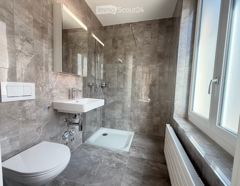 Modern bathroom with marble tiles, a toilet, a sink with a faucet, a shower stall, a mirror, and a radiator near the window.