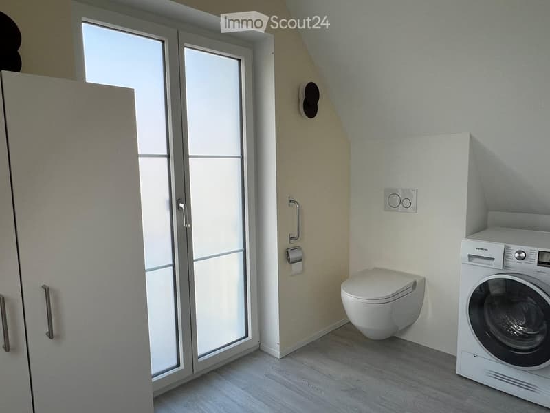 Modern bathroom with a toilet, washing machine, and large windowed door leading outside.
