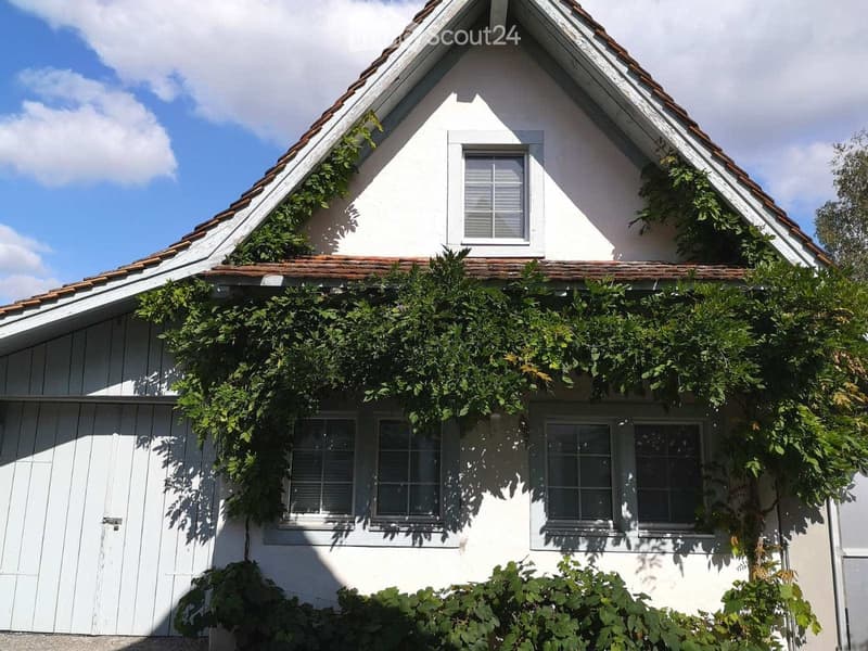 Two-story white house with a tiled roof, multiple windows, and climbing greenery on the walls.