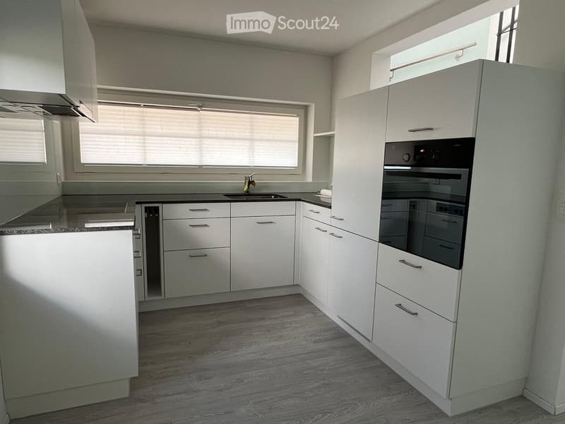 Modern kitchen with white cabinets, stainless steel appliances, and a central island.