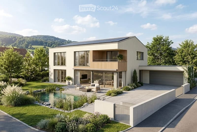 Modern two-story house with large windows, balcony, garage, swimming pool, and landscaped garden.