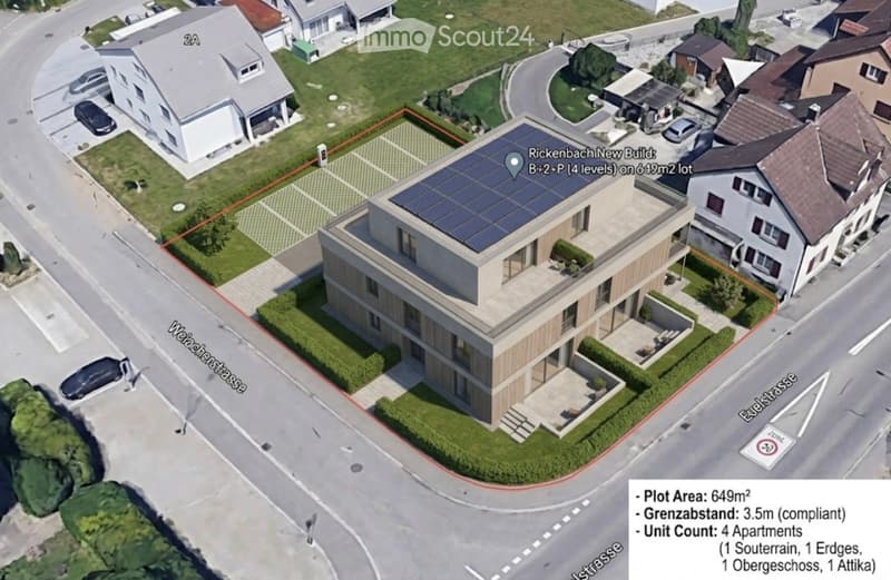 A modern 4-level building with solar panels on the roof, located on a 649m² lot, featuring a landscaped garden and driveway.