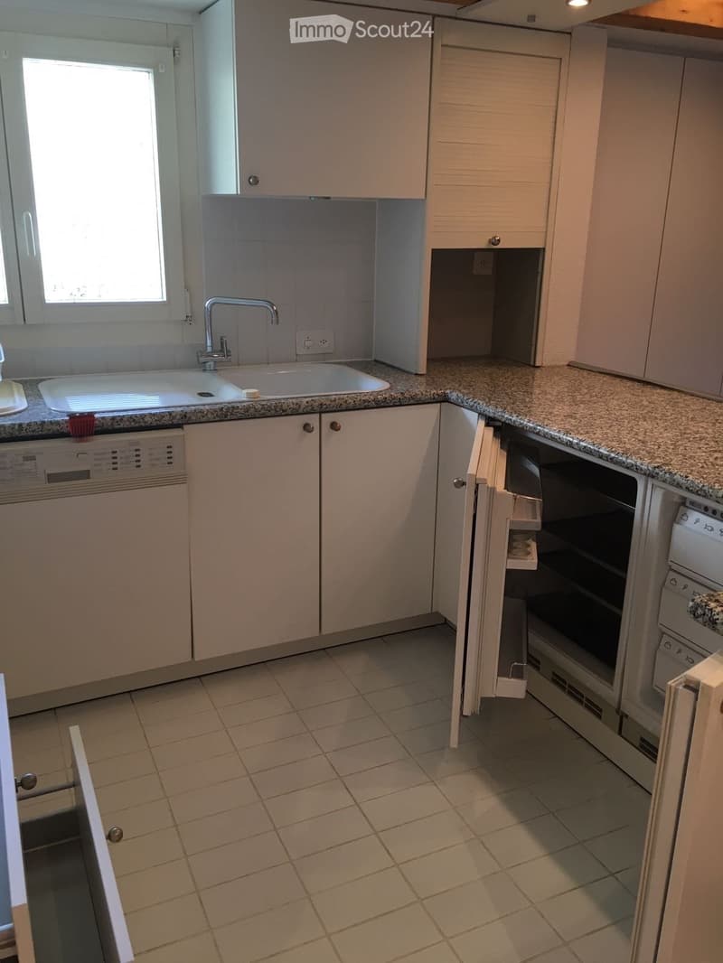 Modern kitchen with white cabinets, granite countertops, a double sink, and built-in appliances including a dishwasher, oven, and refrigerator.