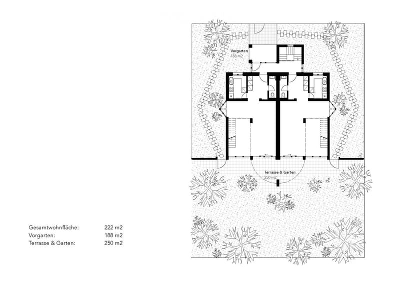 Floor plan of a house with a total living area of 222 m², a front garden of 188 m², and a terrace and garden area of 250 m².