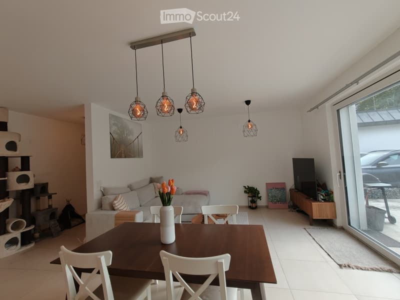Bright living room with white walls, modern pendant lights, a sofa, a dining table with chairs, a cat tree, a TV, and a vase with flowers on the table.