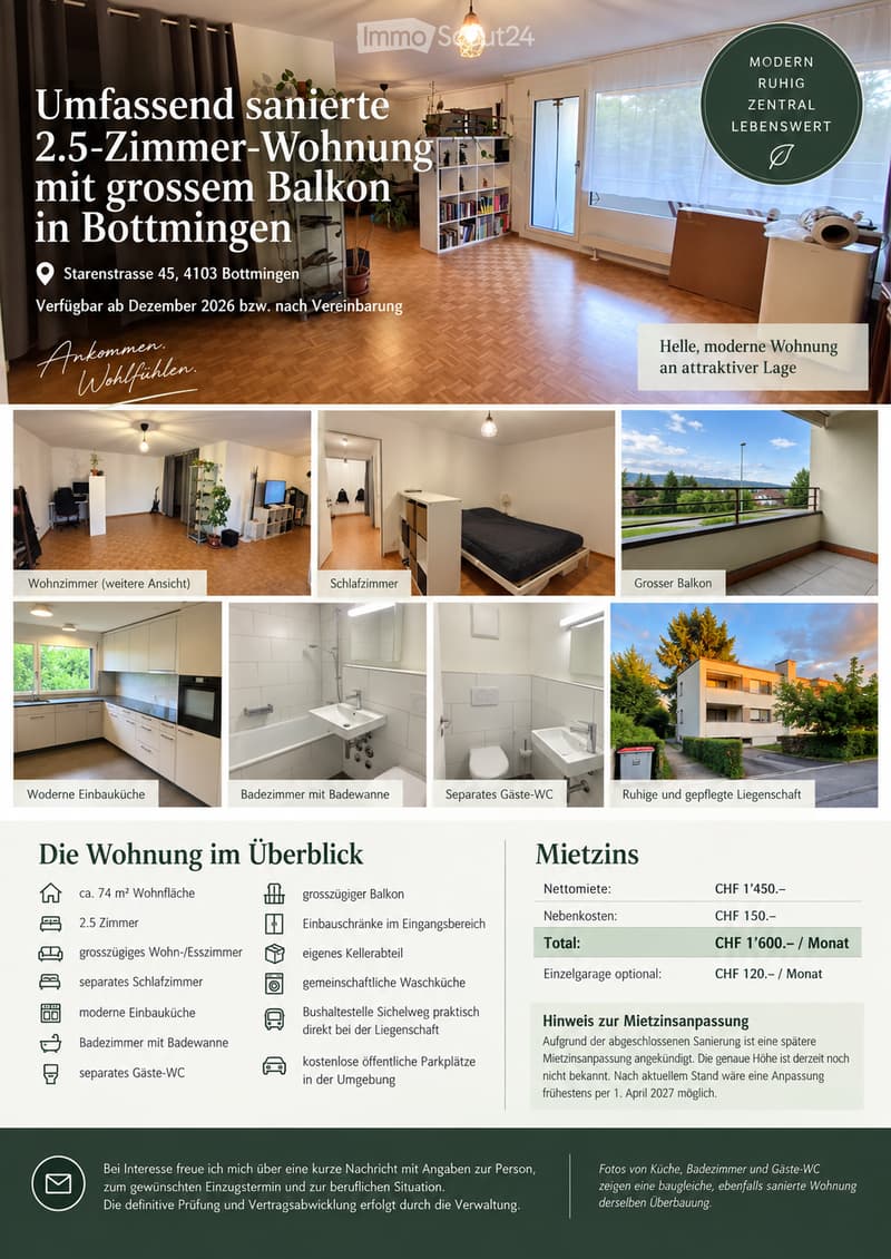 Modern2.5-room apartment with large balcony, featuring a living/dining room, separate bedroom, modern fitted kitchen, bathroom with bathtub, and separate guest WC.