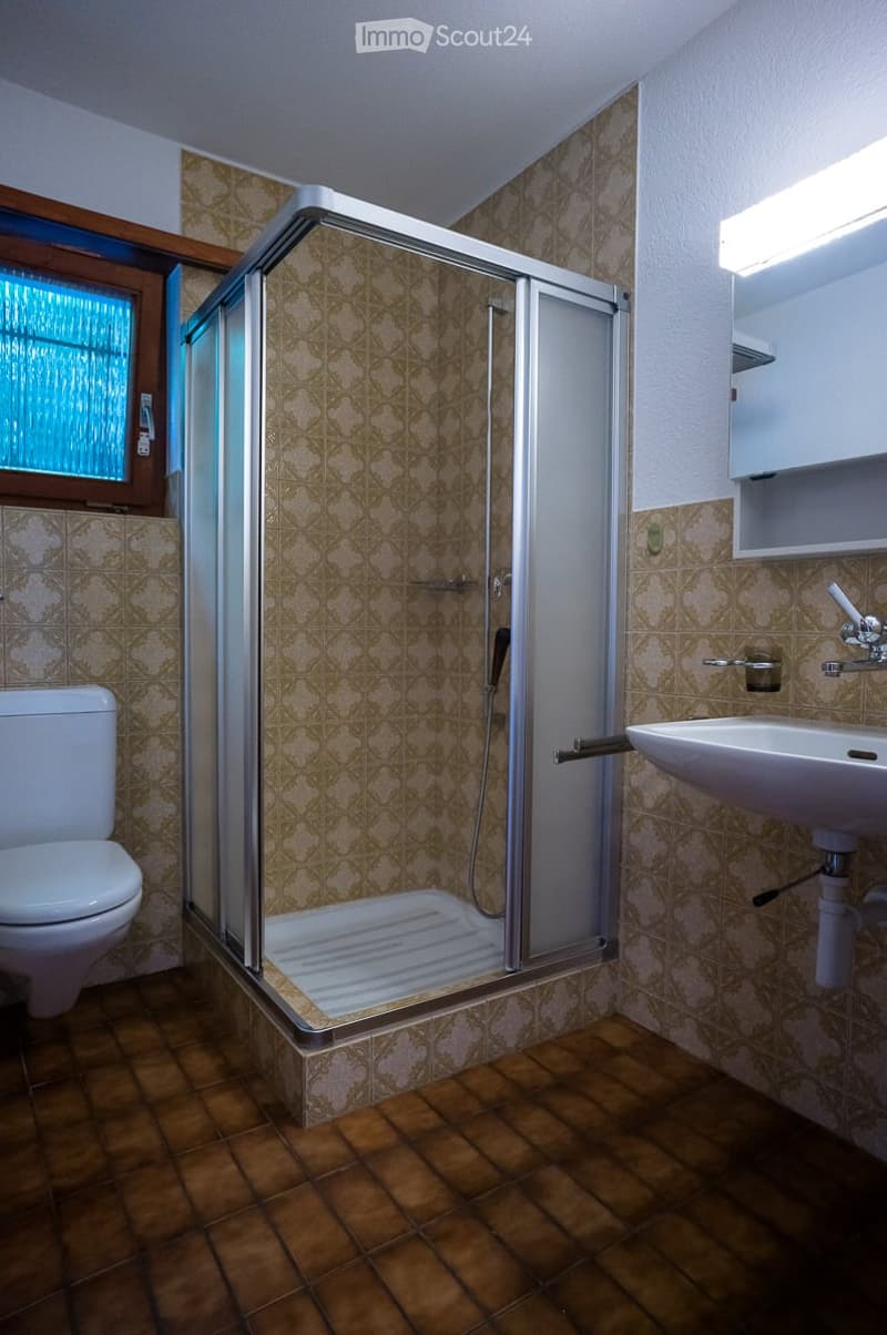 Bathroom with a glass-enclosed shower stall, toilet, sink, and patterned tiles on walls and floor.