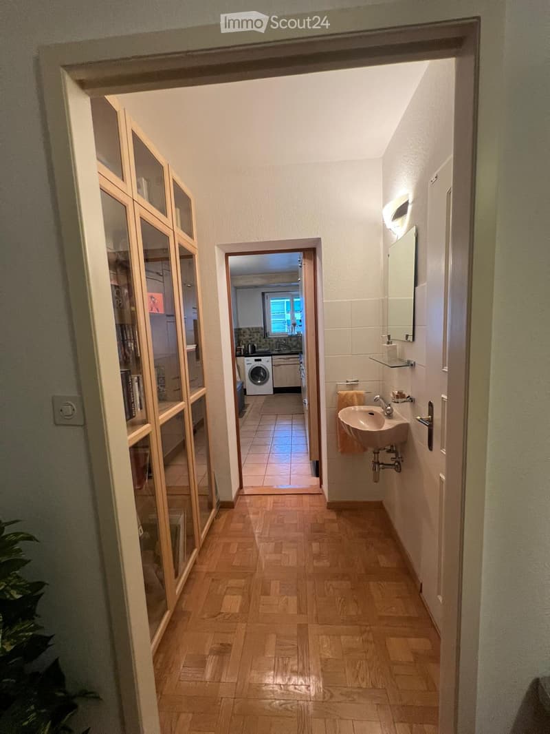 A well-lit hallway with wooden flooring, leading to a bathroom and a kitchen area. The bathroom features a sink, mirror, and towel, while the kitchen area includes a washing machine and cabinets.