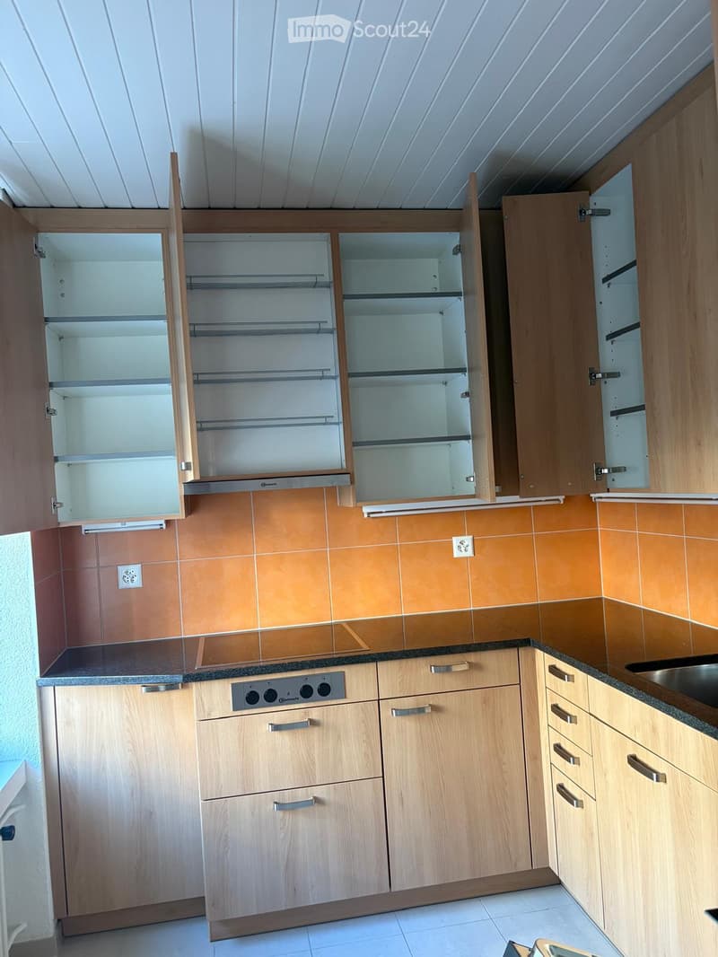Modern kitchen with light wood cabinets, stainless steel sink, and open shelving units.