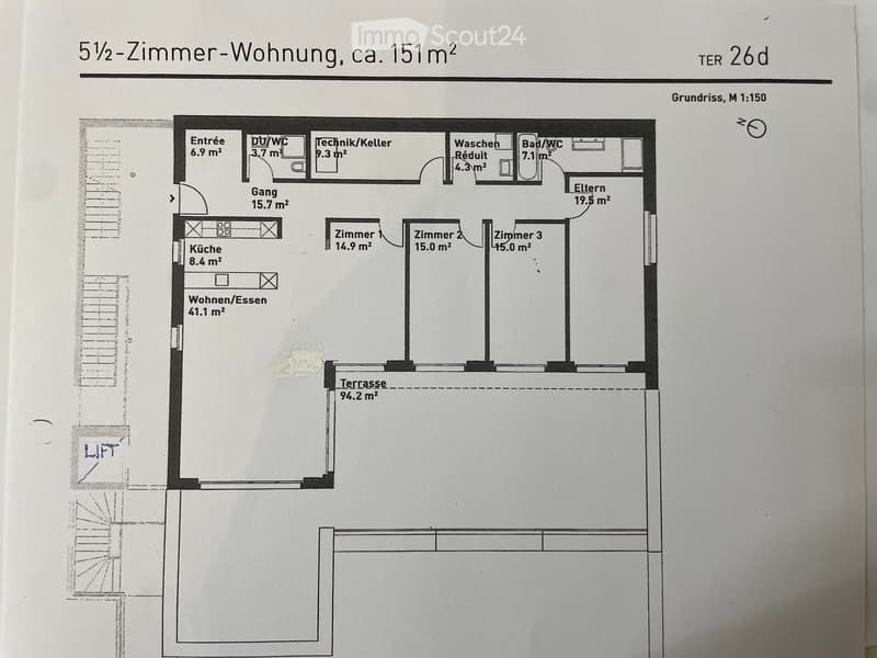 Floor plan of a 3-room apartment with 151 m² total area, including living/dining area, kitchen, three bedrooms, bathroom, hallway, and technical room.