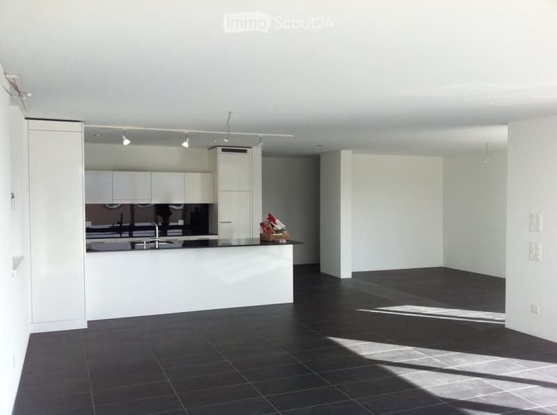 Modern kitchen with white cabinets, black countertop, and dark tiled floor. A small basket with items sits on the counter.