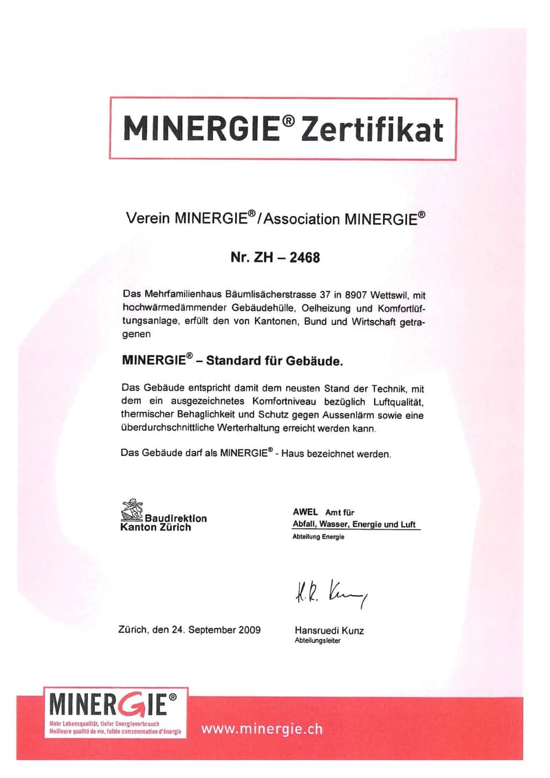 Certificate for a multi-family house in Wetzwil, Switzerland, confirming compliance with MINERGIE® building standards for energy efficiency and comfort.