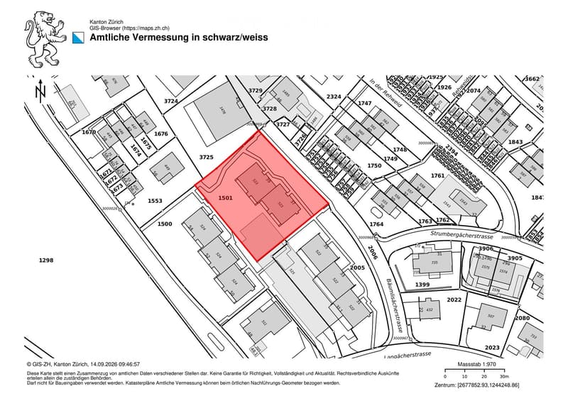 Floor plan of a residential area showing multiple plots and buildings, with plot number 1501 highlighted in red.