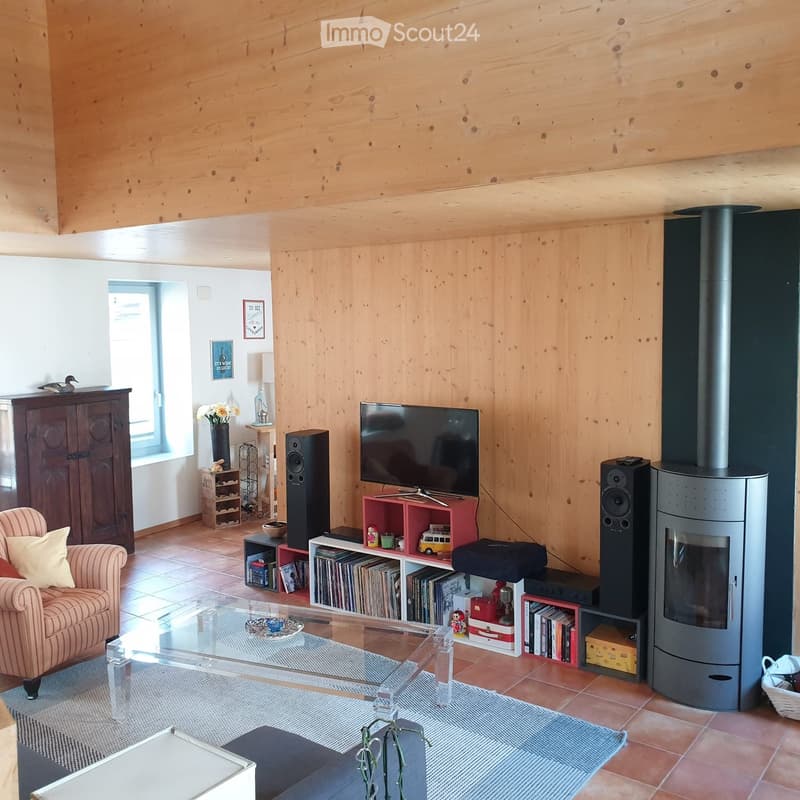Living room with wooden walls, a fireplace, a sofa, a coffee table, a television, and a bookshelf with books and decorative items.