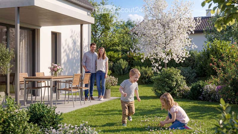 Family in a sunny garden with a wooden outdoor dining set, lush greenery, and blooming trees.