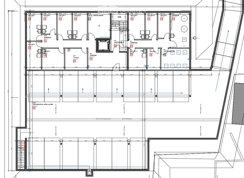 Floor plan of a multi-level building with labeled rooms including cellars, storage, garage, and staircases.